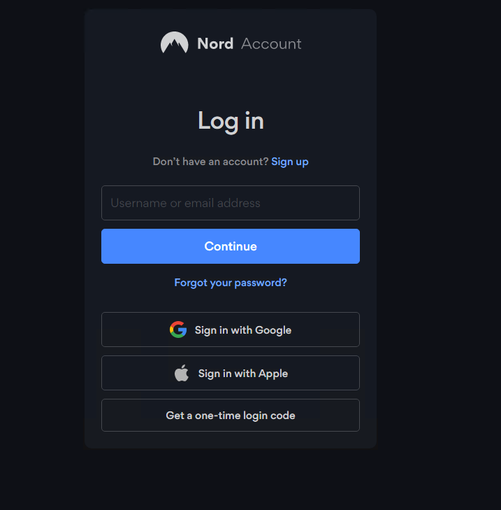 Screenshot showing the browser based login screen for NordVPN apps and the third party sign in options.